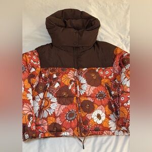 Zara Brown Puffer Jacket with Orange Floral Trim